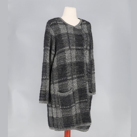 J.JILL Windowpane Long Fuzzy Knit Cardigan Sweater Black Gray Size L - Picture 2 of 8